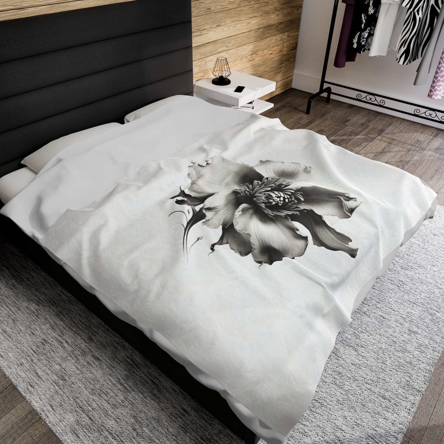 Monochrome Blossom Velveteen Plush Blanket