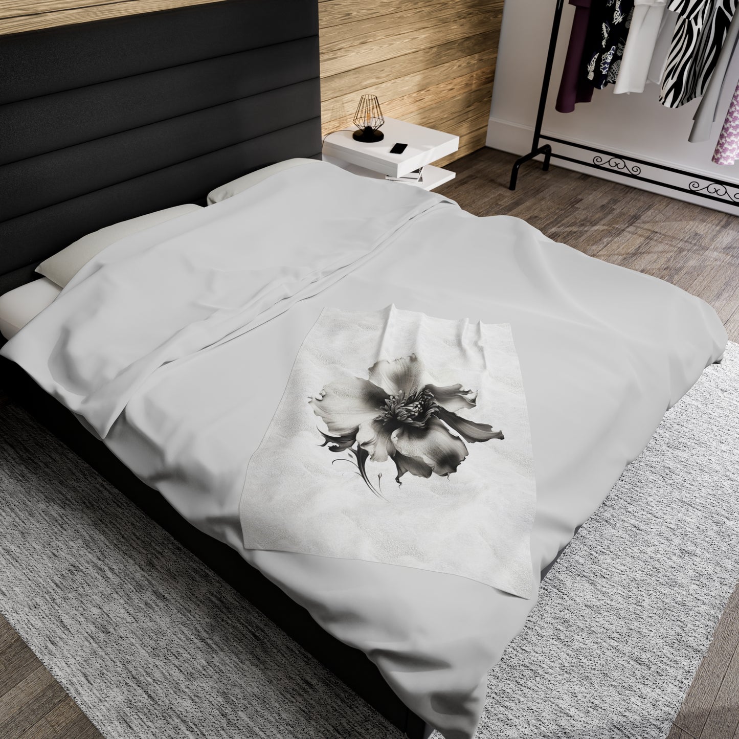 Monochrome Blossom Velveteen Plush Blanket