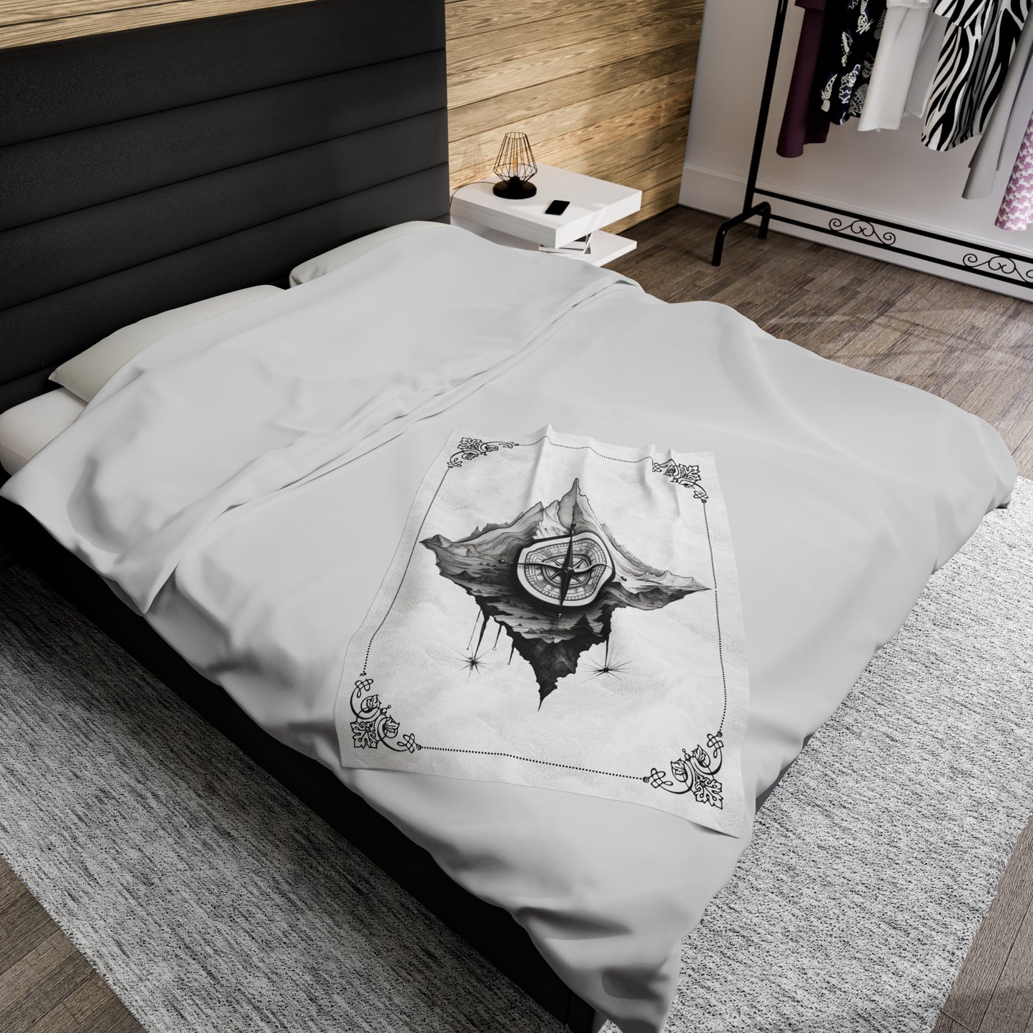 Greyscale Compass Velveteen Plush Blanket