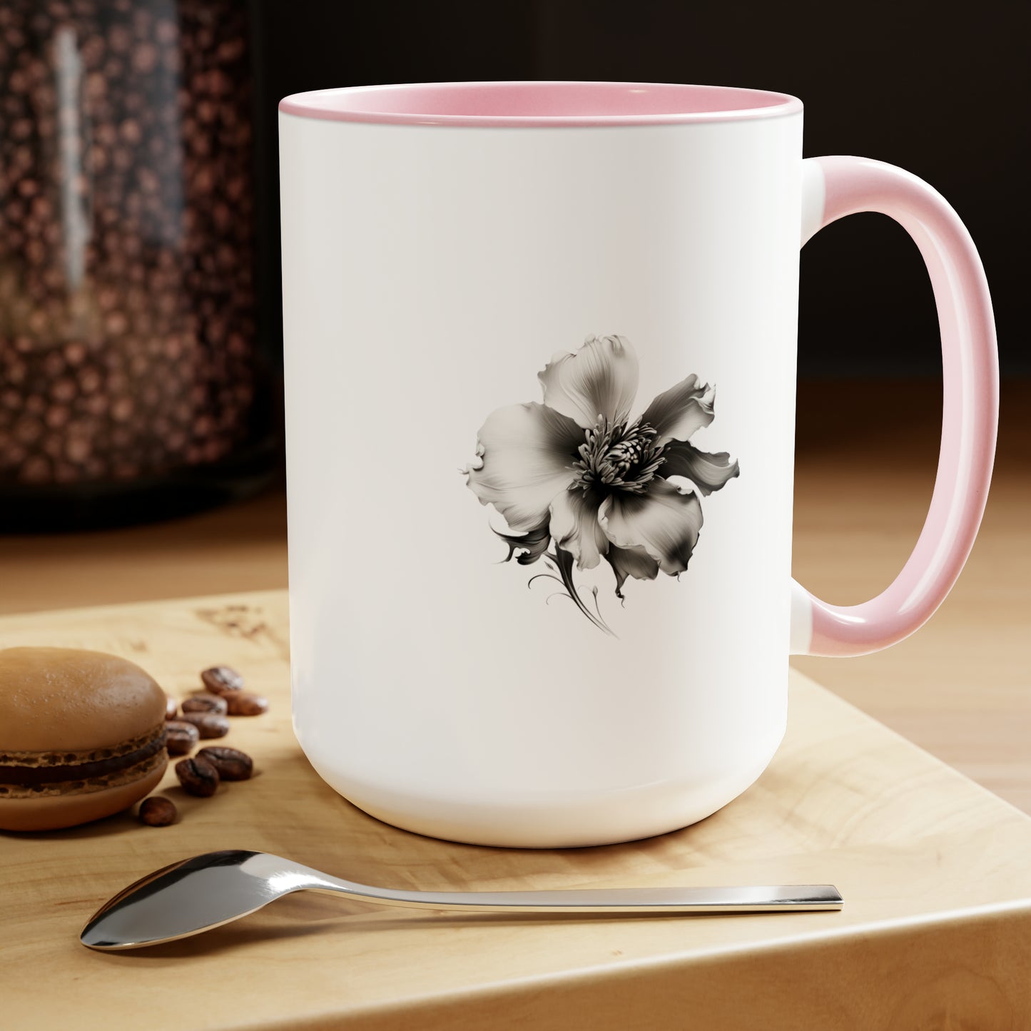 Double-Sided Flower, Greyscale, Two-Tone Coffee Mugs, 15oz