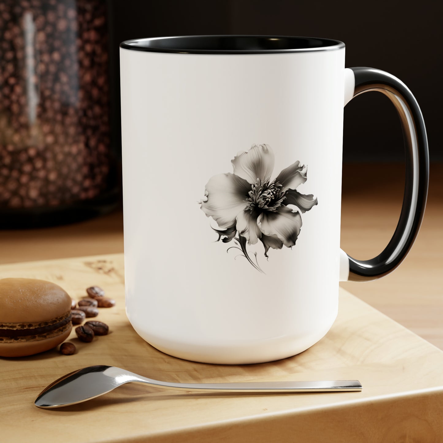 Double-Sided Flower, Greyscale, Two-Tone Coffee Mugs, 15oz