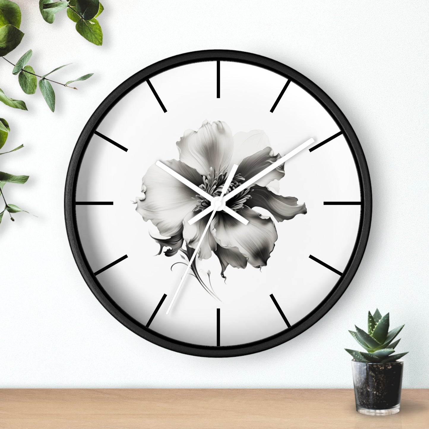 Monochrome Blossom Wall Clock