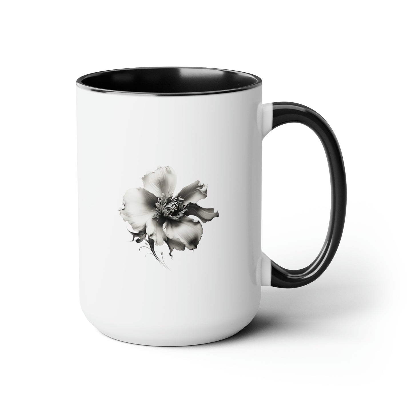 Double-Sided Flower, Greyscale, Two-Tone Coffee Mugs, 15oz