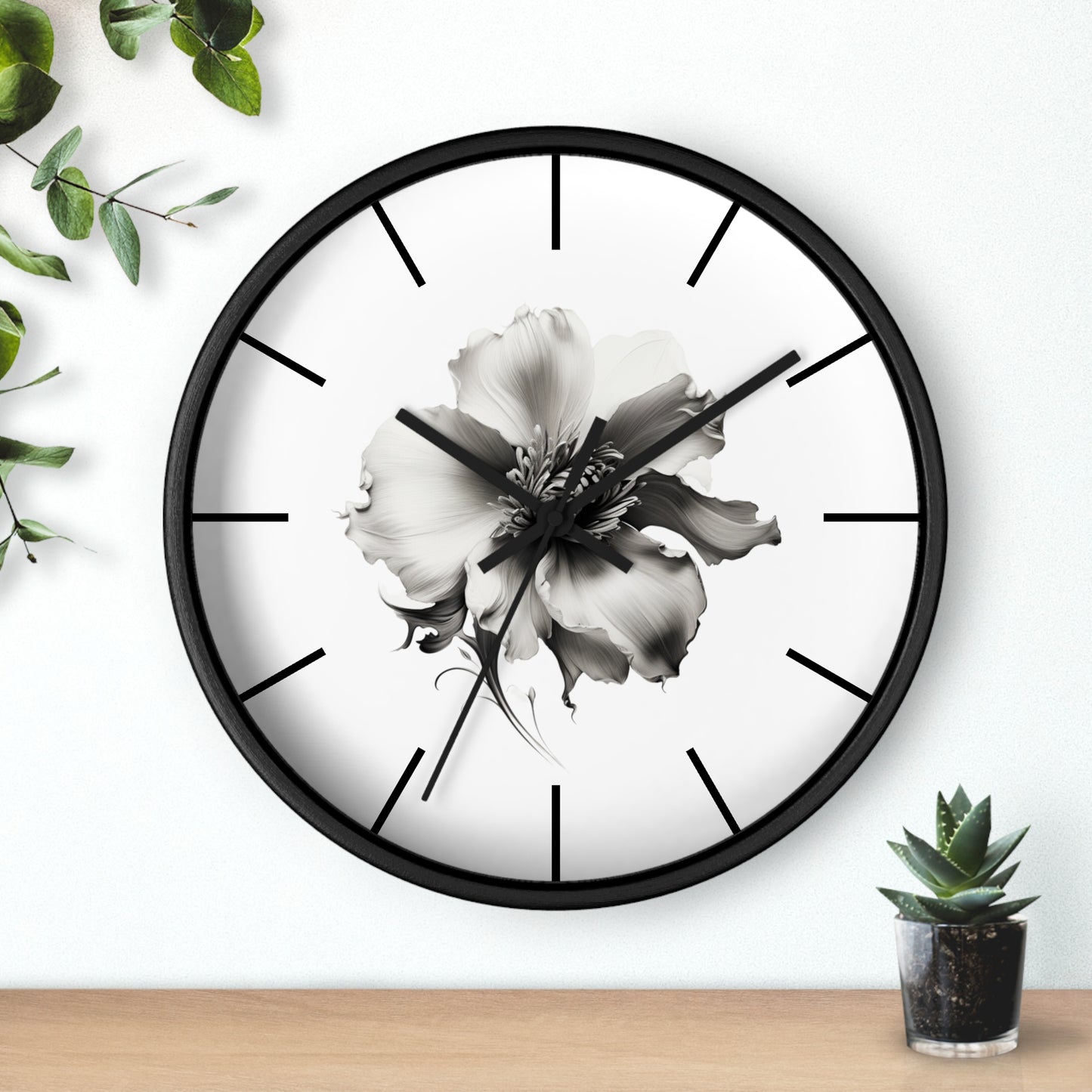 Monochrome Blossom Wall Clock