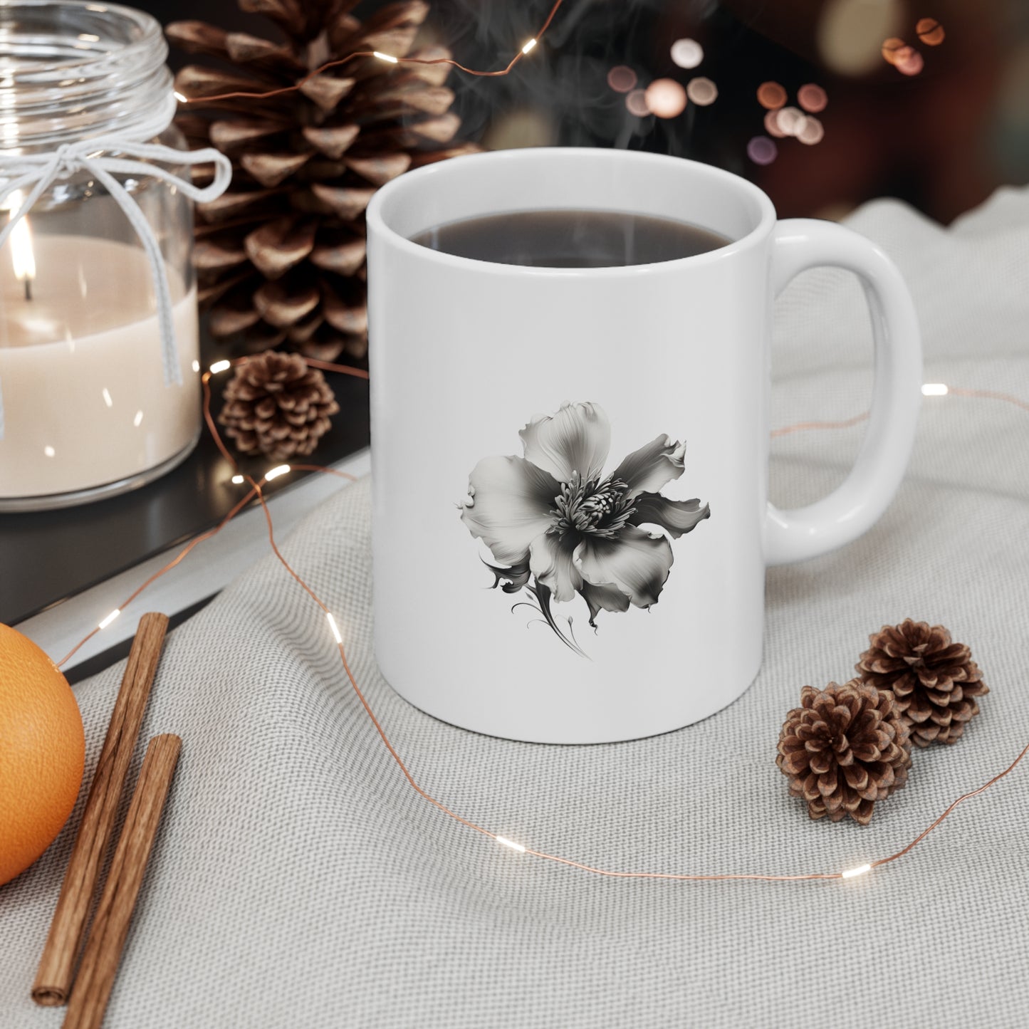 Single Flower Greyscale Ceramic Mug 11oz