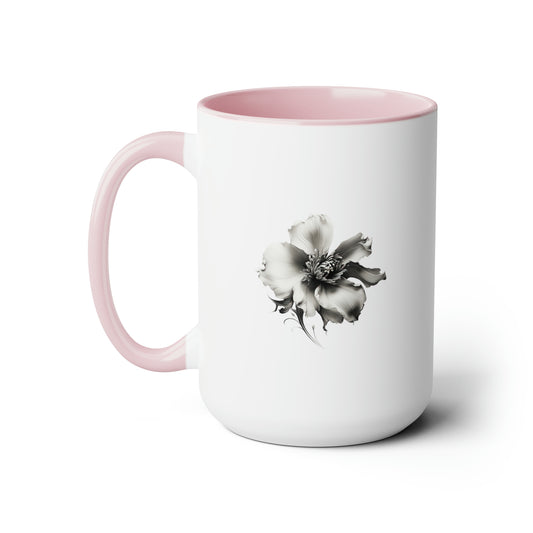 Double-Sided Flower, Greyscale, Two-Tone Coffee Mugs, 15oz
