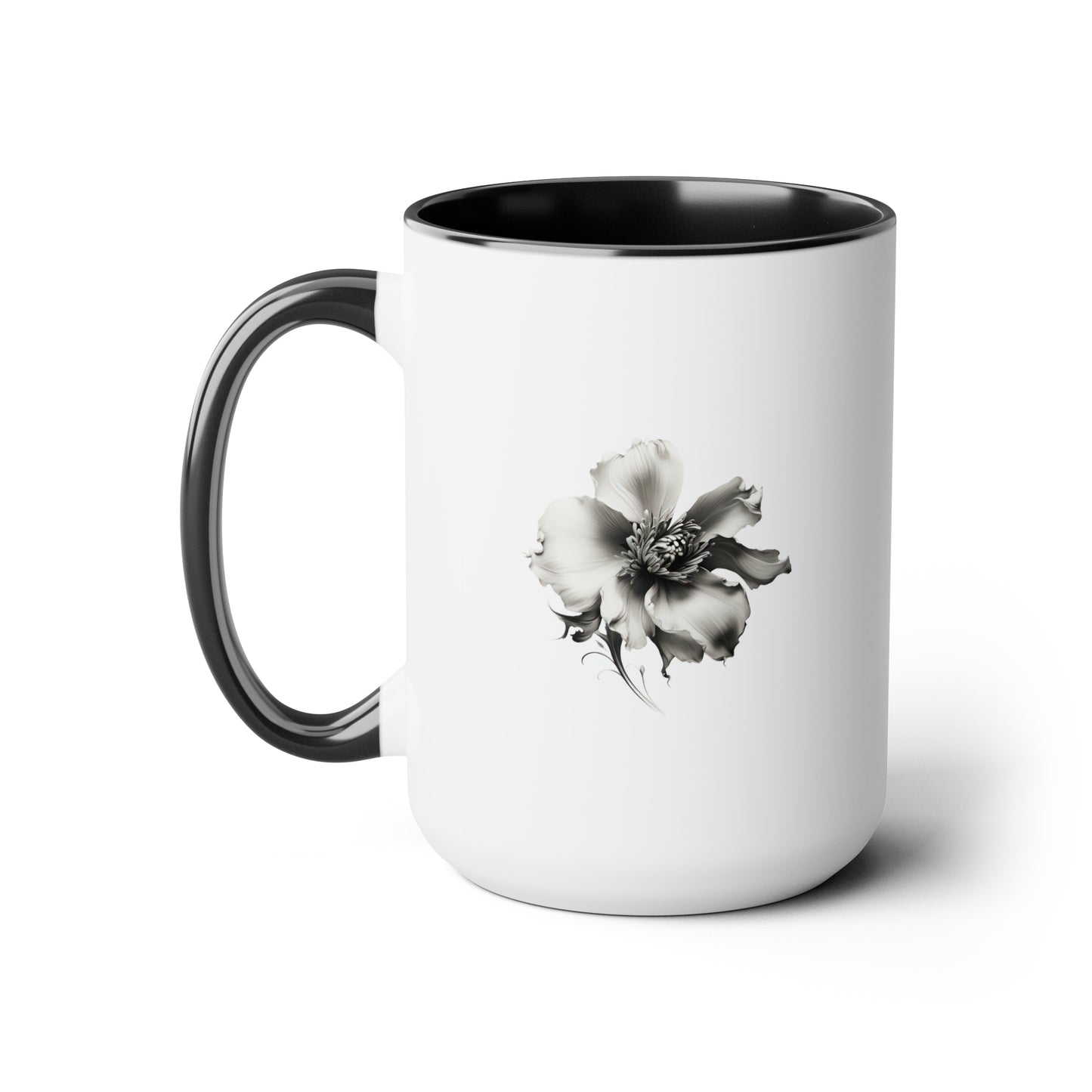 Double-Sided Flower, Greyscale, Two-Tone Coffee Mugs, 15oz
