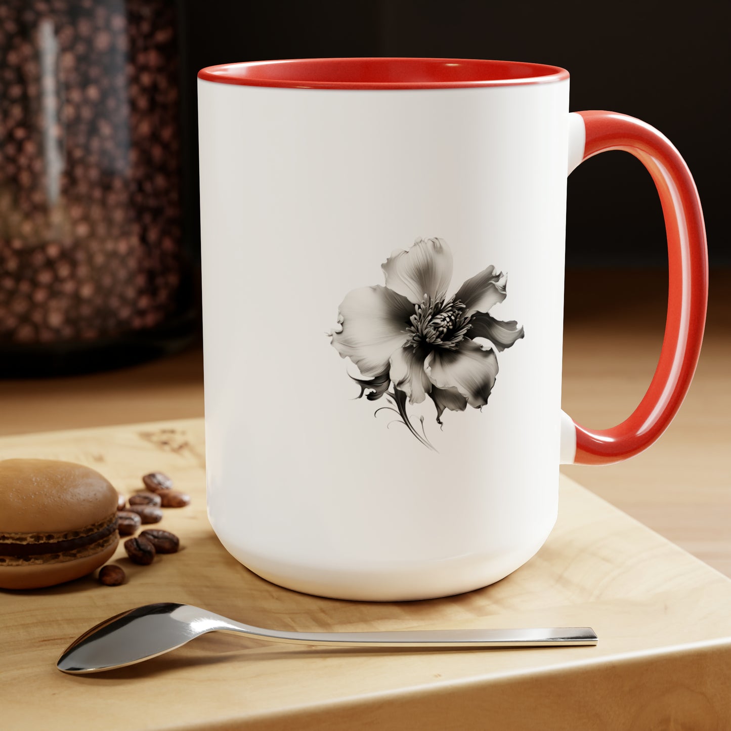 Double-Sided Flower, Greyscale, Two-Tone Coffee Mugs, 15oz