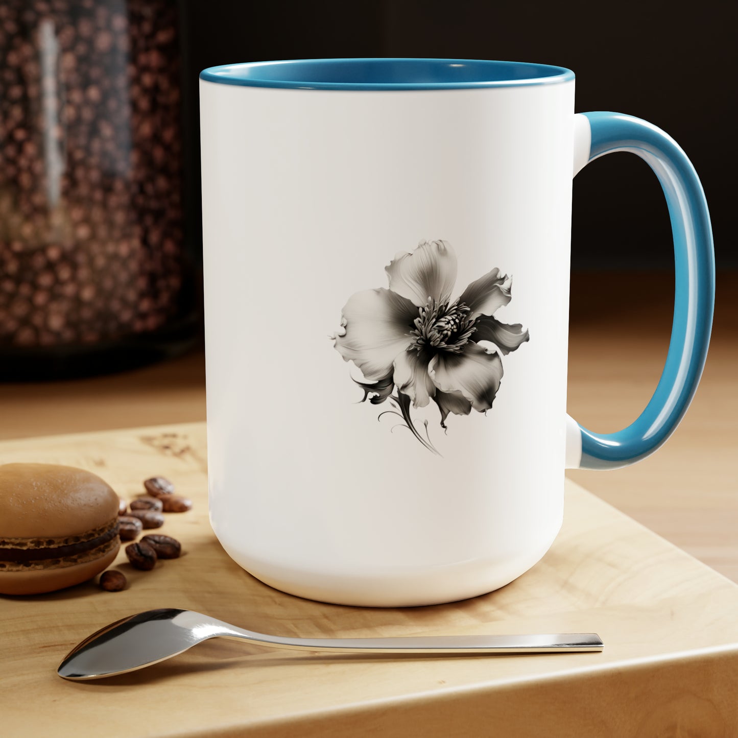 Double-Sided Flower, Greyscale, Two-Tone Coffee Mugs, 15oz