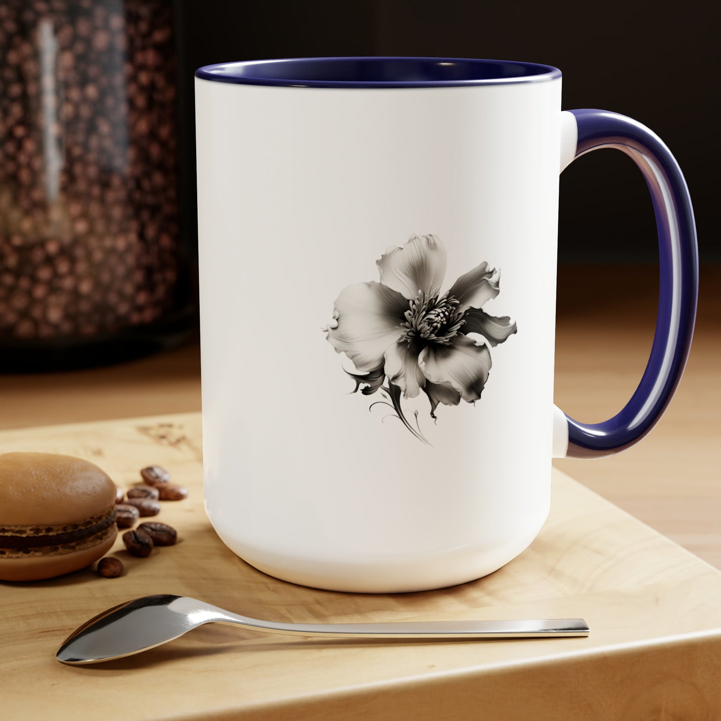Double-Sided Flower, Greyscale, Two-Tone Coffee Mugs, 15oz