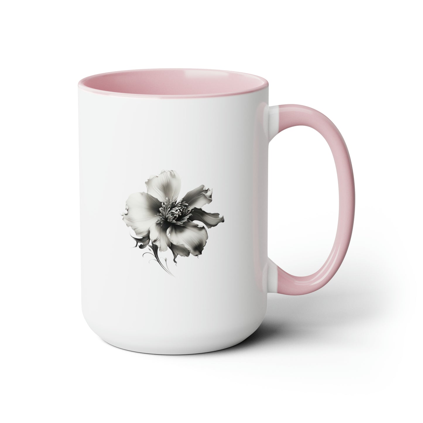 Double-Sided Flower, Greyscale, Two-Tone Coffee Mugs, 15oz